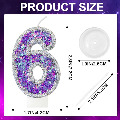 Lurevian Silver-Purple Fantasy Number 6 Birthday Candle with Glitter Star Fill, Cake Topper