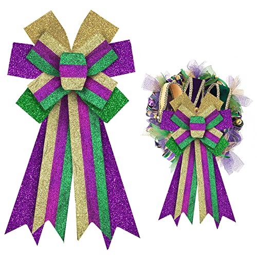 ALIBBON Large Mardi Gras Wreath Bow - Glitter Purple Green Gold Stripe