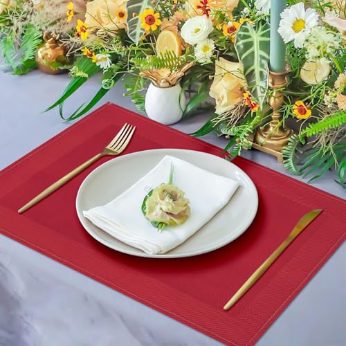 Red Placemats Set of 4 - 12x18 Inch Faux Linen Table Mats - Carethos