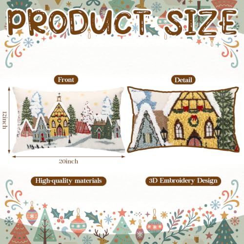 White 20x12 Inch Christmas Village Pillow Cover Snowy Town Scene Embroidered