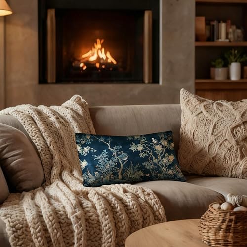 Navy Blue Chinoiserie Floral Bird Flannel Pillow Cover, 12x20 Inch