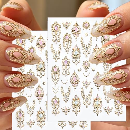 Porszova 3D Embossed Gold Gemstone Nail Stickers - 2 Sheets