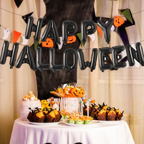 16 Inch Black 'HAPPY HALLOWEEN' Balloon Banner - Mylar Foil Decor