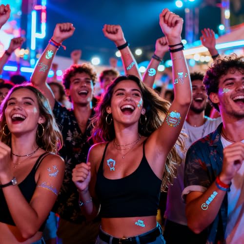 Glow in the Dark Temporary Tattoos - 56 Blue Designs, 10 Sheets