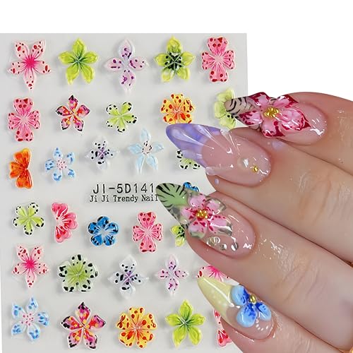 5D Embossed Floral Nail Stickers Lily & Hibiscus Decals, 4 Sheets