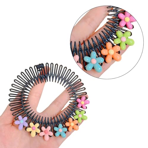 Stretchy Circular Hair Comb with Flowers Black Flexible Headband