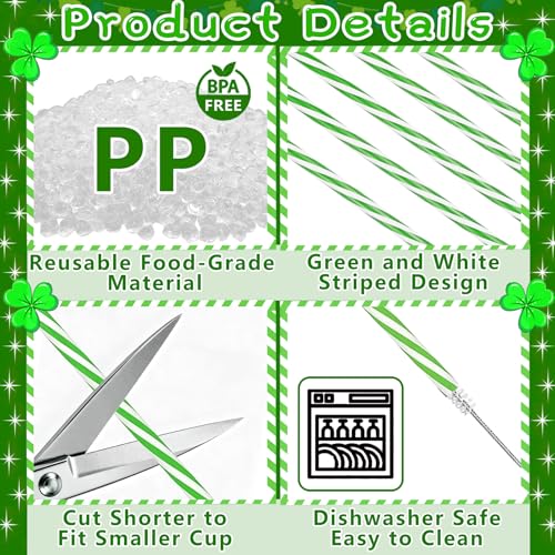 Reusable Green and White Striped Christmas & Holiday Party Drinking Straws Set - 50 Pieces