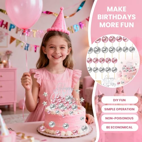 30-Piece Disco Ball Cupcake Topper Set, Pink and Silver Retro Party Decor