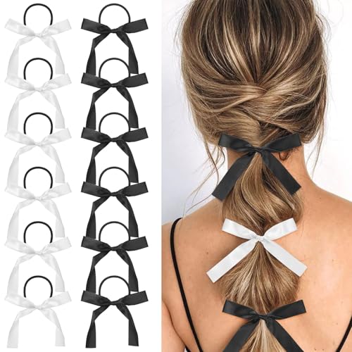 Silky Satin Hair Bow Ties 12-Pack Black White Ribbon Scrunchies