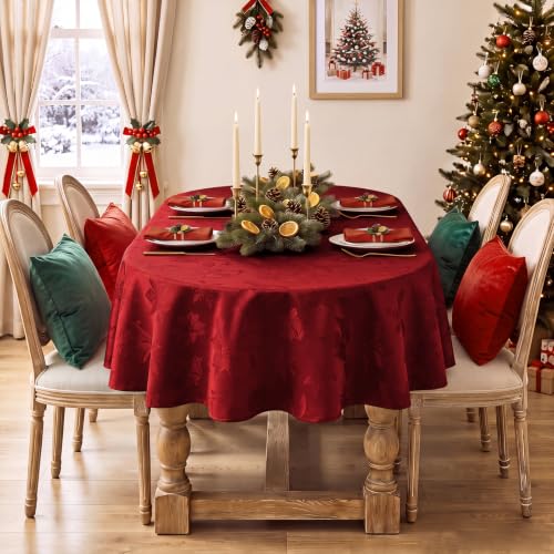 Christmas Jacquard Oval Tablecloth Red Flower Pattern 60x84 Inches - Festive Holiday Decor