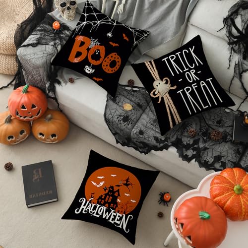 Halloween Ghost Pillow Covers Set of 4 - Black & Orange Decorative Cushion Cases