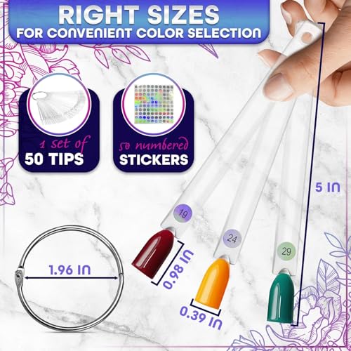Novsix 50 Pcs Clear Nail Swatch Sticks with Metal Ring and Numbered Tips