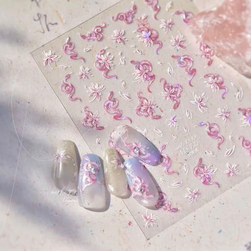 HORVEEN Holographic Floral Snake Nail Art Stickers Pink and White Decals