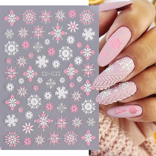 5D Embossed Christmas Nail Art Stickers - 8 Sheets Winter Snowflake Decals