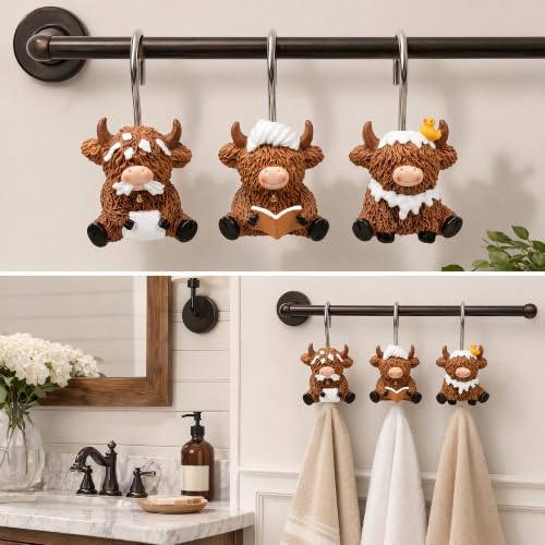 Highland Cow Shower Curtain Hooks - Rustic Farmhouse Decor (12 Pack)