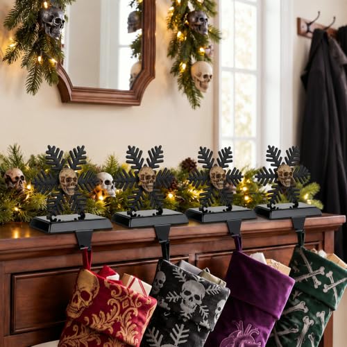 Gothic Christmas Stocking Holders Set of 4 Black Snowflake Skull Decor