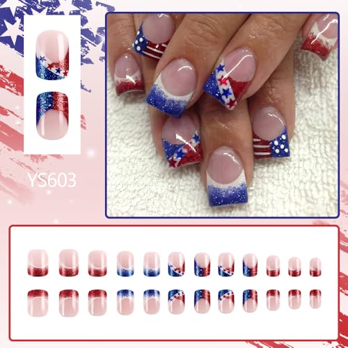 POWPOP Independence Day Short Square Press On Nails 24pcs Blue White Glitter False Acrylic Nails