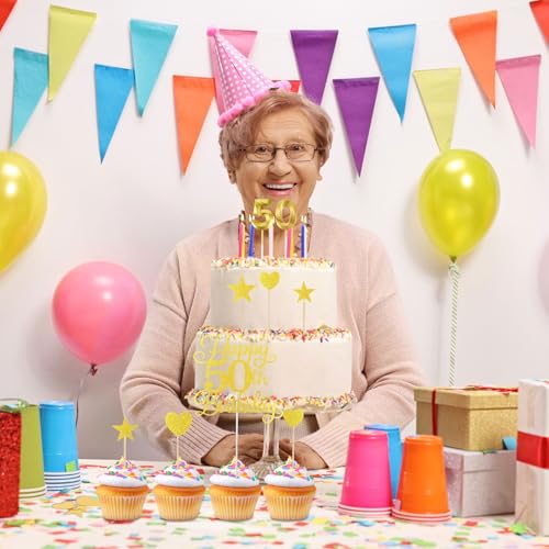 50th Birthday Cake Decorations - Glitter Happy 50th Toppers & Candles