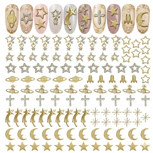 Evrblock 110 Pcs Gold Star Nail Charms Kit - 12 Assorted Alloy Designs