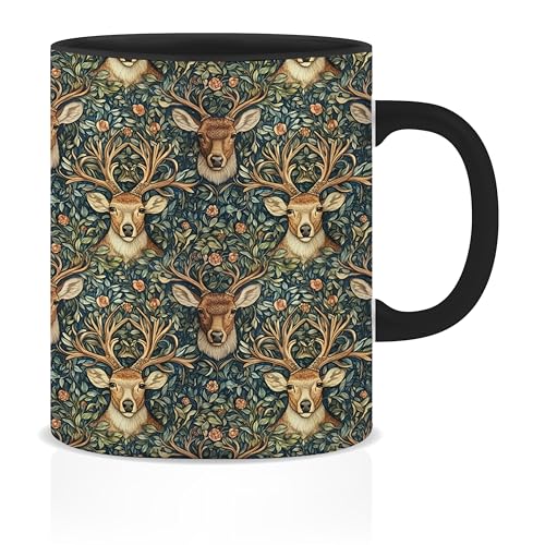 Reindeer Floral Mug - Deer Hunter Gifts, 11oz Ceramic Coffee Tea Cup - Dark Botanical Animal Design
