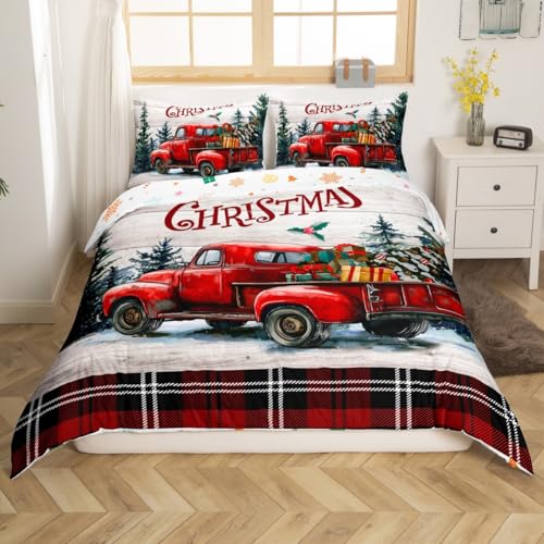 Christmas King Size Duvet Cover Set with Truck & Checkered Design - Rustic Holiday Bedding 3Pcs