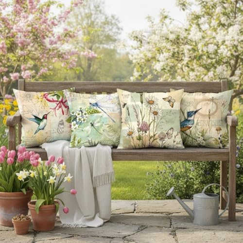 Set of 4 Bird Pillow Covers 18x18 - White Linen Farmhouse Decor