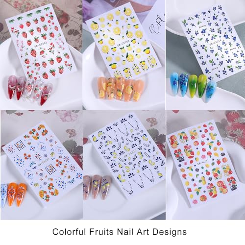 Summer Fruit Nail Stickers 10 Sheets 3D Adhesive Lemon Strawberry Decals