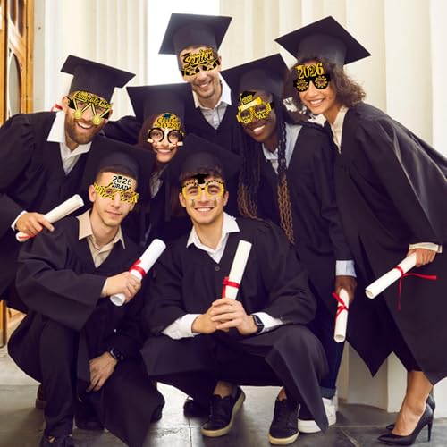 16PCS Graduation Glasses for Class of 2026 - Black & Gold Photo Props