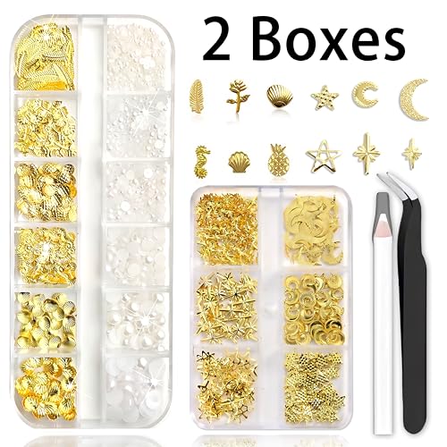 3D Metal Nail Art Studs Ocean Theme Gold Charms with Tools 2 Boxes