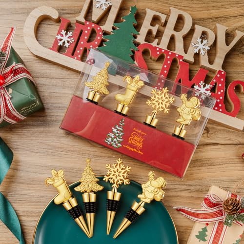 Golden Christmas Wine Stoppers Set - 4 Pack Holiday Bottle Corkers for Keeping Wine Fresh