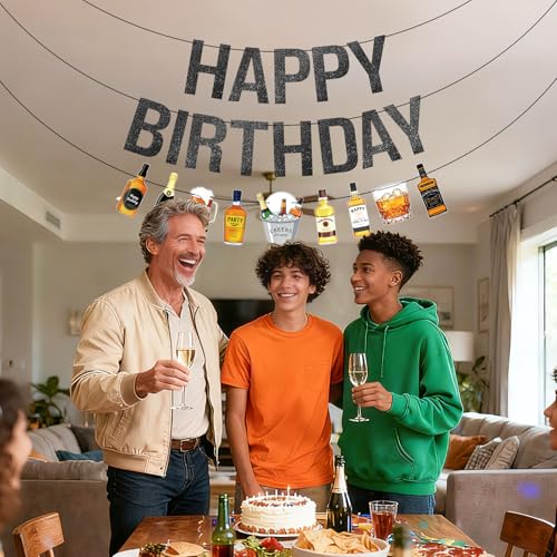 Black Glitter Happy Birthday Banner - Pre-Strung Beer & Whiskey Party Decor