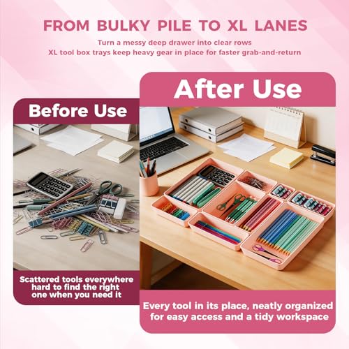 Extra-Large Pink Drawer Organizer Trays - 6-Piece Interlocking Storage Set
