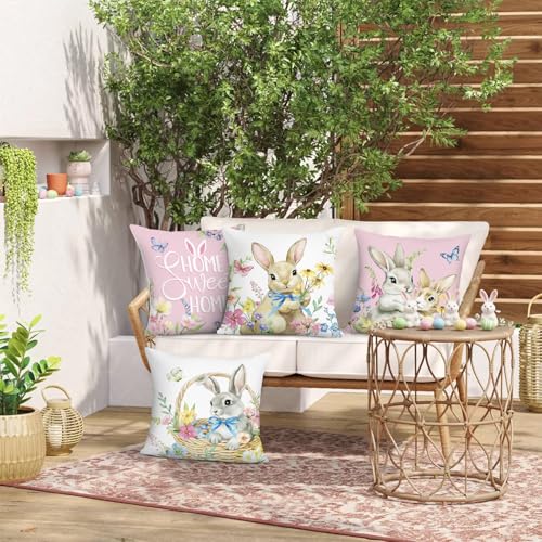 Bonhause Spring Easter Bunny Pillow Covers Set of 4 18x18 Inch Pink Floral Rabbit Velvet Decor