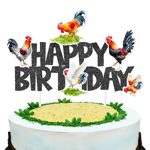 Rooster Birthday Cake Topper with Black Glitter 'Happy Birthday'