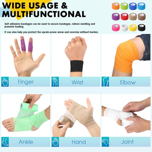 12 Pack Self Adhesive Bandage Wrap, 1 in x 5 Yards Non-Woven Self Adherent Cohesive Bandage, Vet Wrap Wound Tape for Thumb Finger Wrist Knee Ankle, White