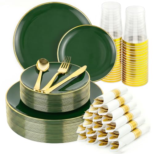 Green Gold Disposable Dinnerware Set for 50 Guests - 350PCS