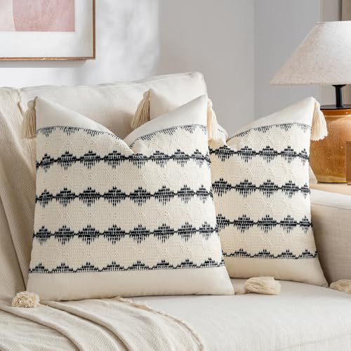 Fancy Homi Black Textured Throw Pillow Covers 18x18 - Set of 2 Boho Tassels
