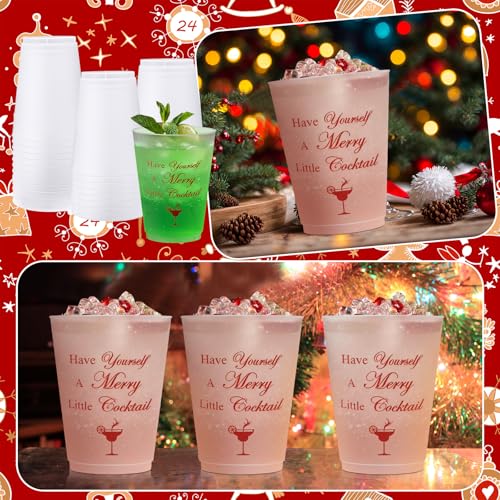 Christmas Cocktail Plastic Cup Set - Frosted Red Party Cups with Funny Frosted Cup Variation