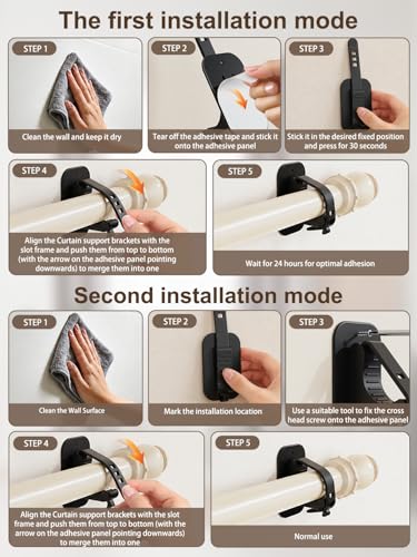 Watris Veiyi No Drill Curtain Rod Brackets - Adhesive Wall Mount Holder