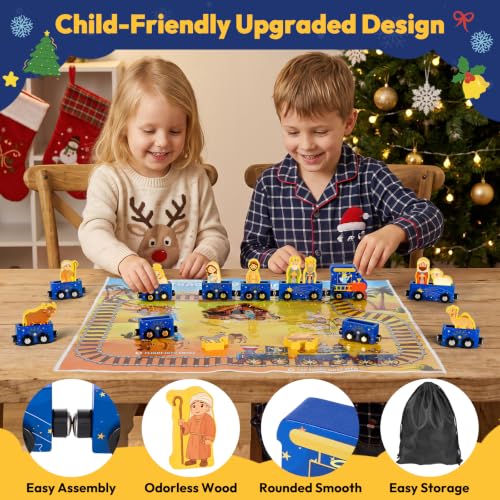 Nativity Train Advent Calendar for Kids and Toddlers, Wooden Holiday Countdown