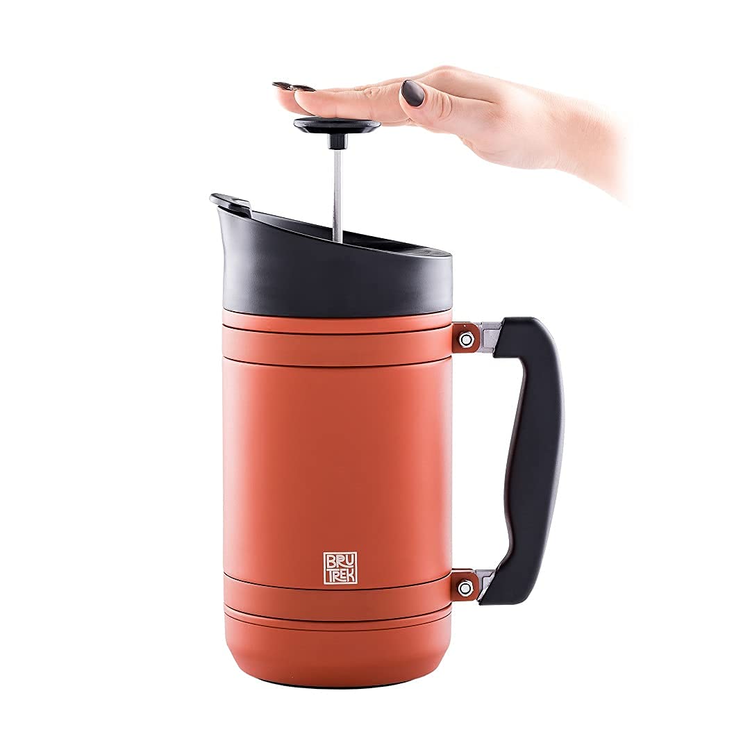 BruTrek® by Planetary Design BaseCamp Coffee Press - Double Wall Insulated Stainless Steel - Bru-Stop Technology, No Grounds in Coffee, No Spill Lid (Red Rock, 32 fl.oz)