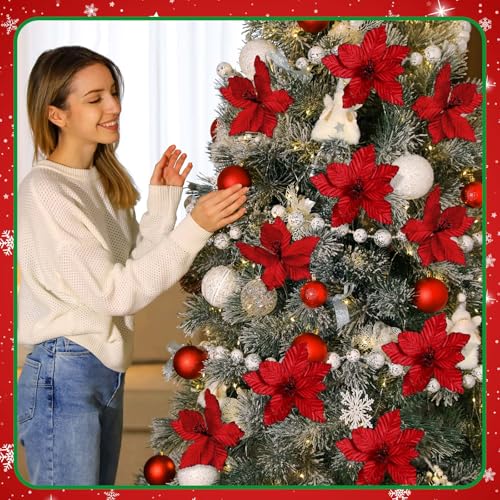 Red Artificial Christmas Poinsettia Flowers Set of 16 - Large Velvet Holiday Decor