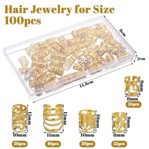 Ouligay 100Pcs Gold Hair Cuffs and Charms Rings for Braids and Dreadlocks