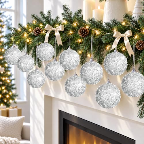 24 Pcs Silver Glitter Christmas Ball Ornaments - 2.36 Inch Holiday Decor