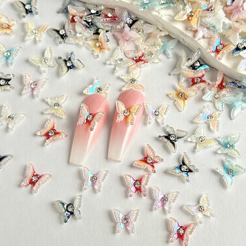 50Pcs 3D Butterfly Nail Charms Iridescent Resin Rhinestones for DIY Manicure