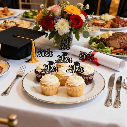 2026 Graduation Cupcake Toppers - 30 PCS Glitter Cake Picks