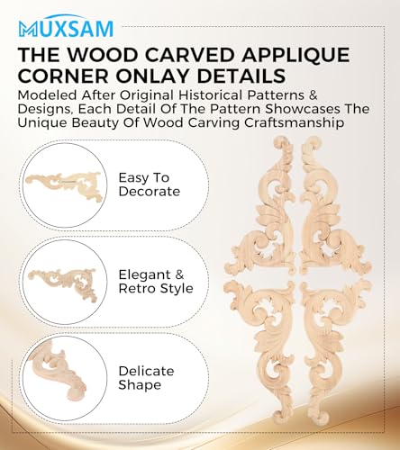 MUXSAM Wood Carved Appliques Onlays - 4-Pack Unpainted Rubber Wood Decals