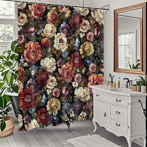 Boho Floral Shower Curtain Set - Vintage Red Flower Design, 72x72