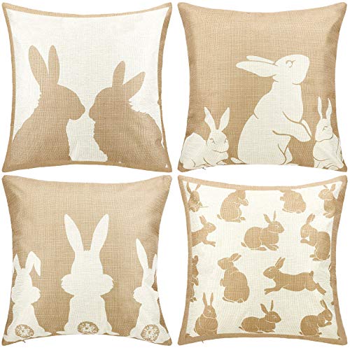 Boao 4-Pack Linen Easter Bunny Throw Pillow Covers, 18x18 Inch Farmhouse Decor