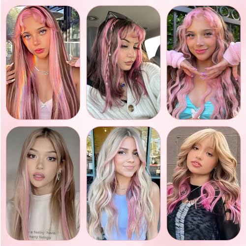 AIYCUN 20 Inch Light Pink Clip In Hair Extensions 10pcs Straight Synthetic Highlights